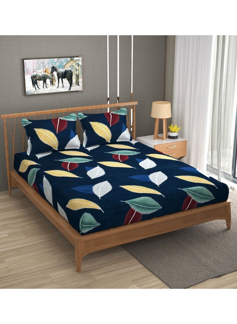 AURIO Premium Queen Size Fitted Bedsheet with 2 Pillowcases – Modern Leaf Pattern on Navy Blue – Deep Pocket (180x200+35 cm) Soft, Breathable Microfiber Bedding Set for Home Comfort - Image 1